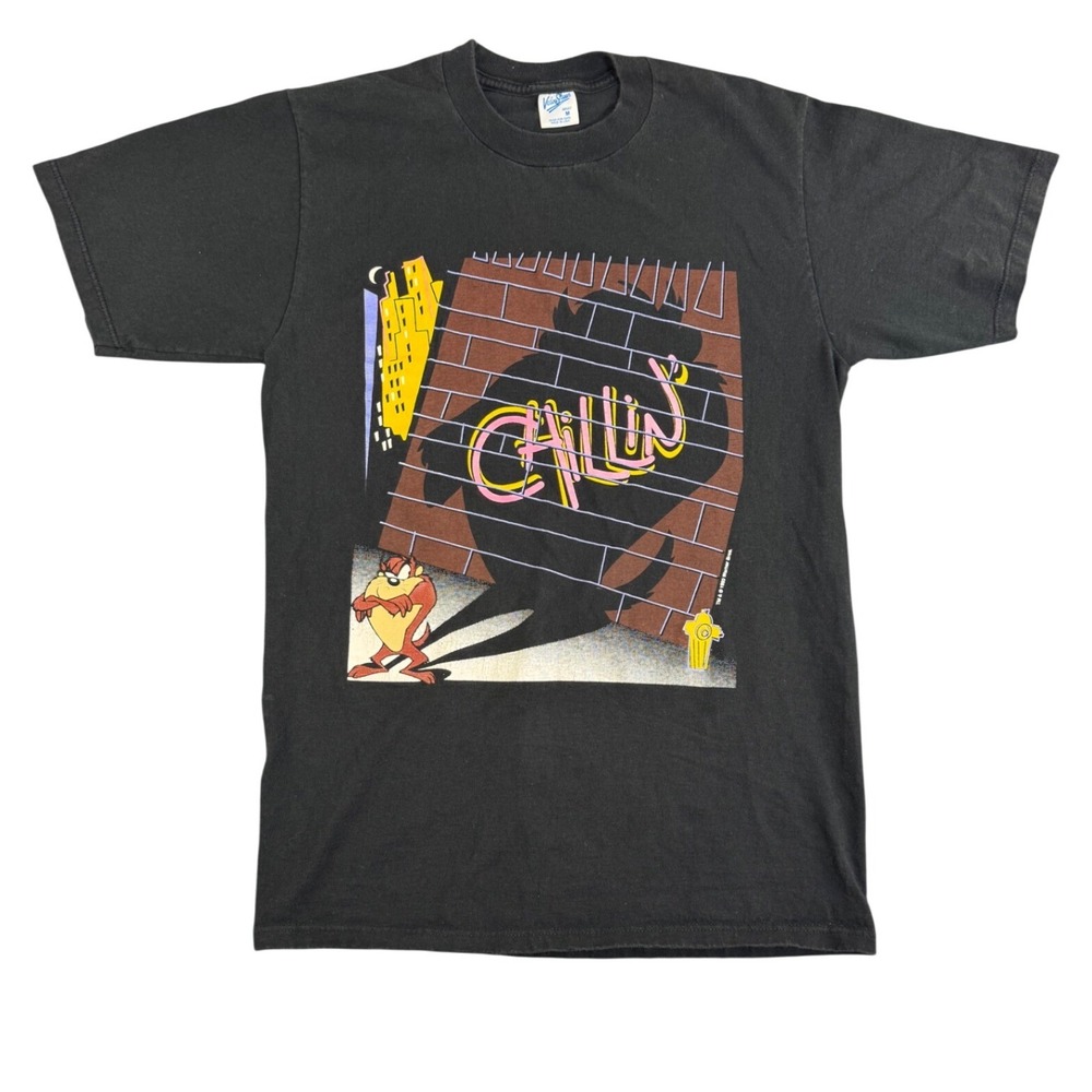Vintage 1993 Taz Chillin T-Shirt Velva Sheen Mens Medium Black Single Stitch USA